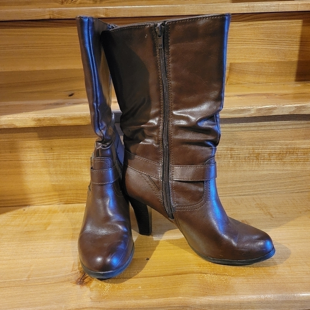 Arizona Jeans women's brown mid-calf heeled side zip boots 7.5